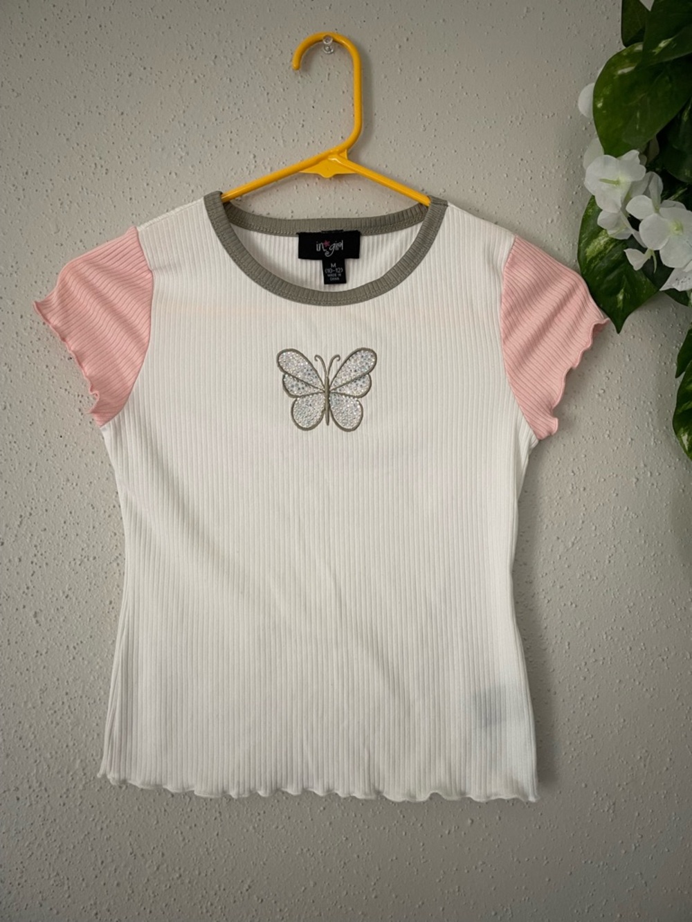 I.N. Girl Top Girl Butterfly Rhinestone Ribbed Sleeve Pink Size M 10-12